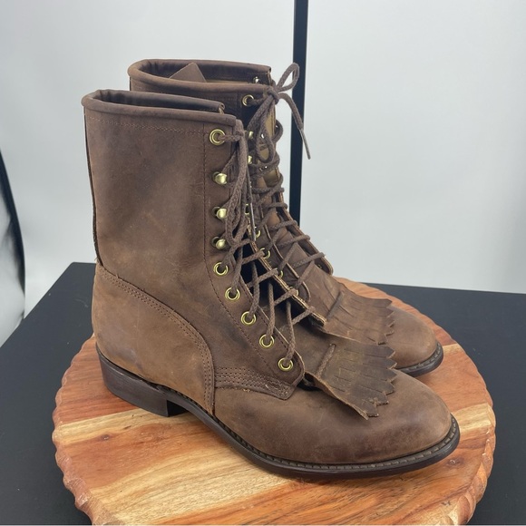 Vtg Packer Lace Up Western kiltie Work brown Leather Mens Boots 7.5 EW wide - Picture 1 of 6